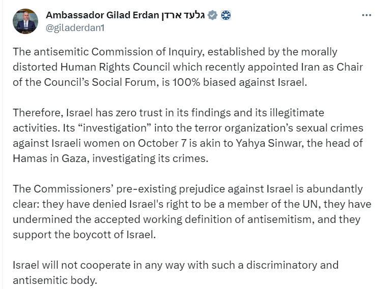 CharliesIngalls's tweet photo. 🚨🇵🇸 Ceci n'est pas une blague : l'ONU met en place une commission pour enquêter sur les accusations israéliennes de viol par le Hamas le 7 octobre. Les israéliens refusent de coopérer.

Ils jugent la commission "antisémite" et "illégitime"... Elle n'a même pas commencé ses travaux.

Rien de surprenant. Israël a toujours refusé de respecter les résolutions des Nations Unis et a toujours critiqué les rapports des organisations internationales dénonçant les conditions de vie des Palestiniens. 

=====
N'oubliez pas de suivre ce compte @CharliesIngalls pour plus d'informations !

#GazaGenocide