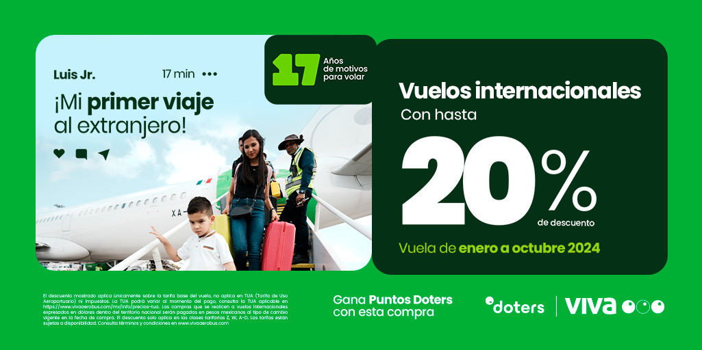 ¡No le pienses tanto! Ármate tu primer viaje para festejar con nosotros. 👀🎉 Compra tu vuelo internacional con hasta 20% de descuento.🌎 Reserva aquí: bit.ly/3SYAAFb #Viva17años #ViajerosReales