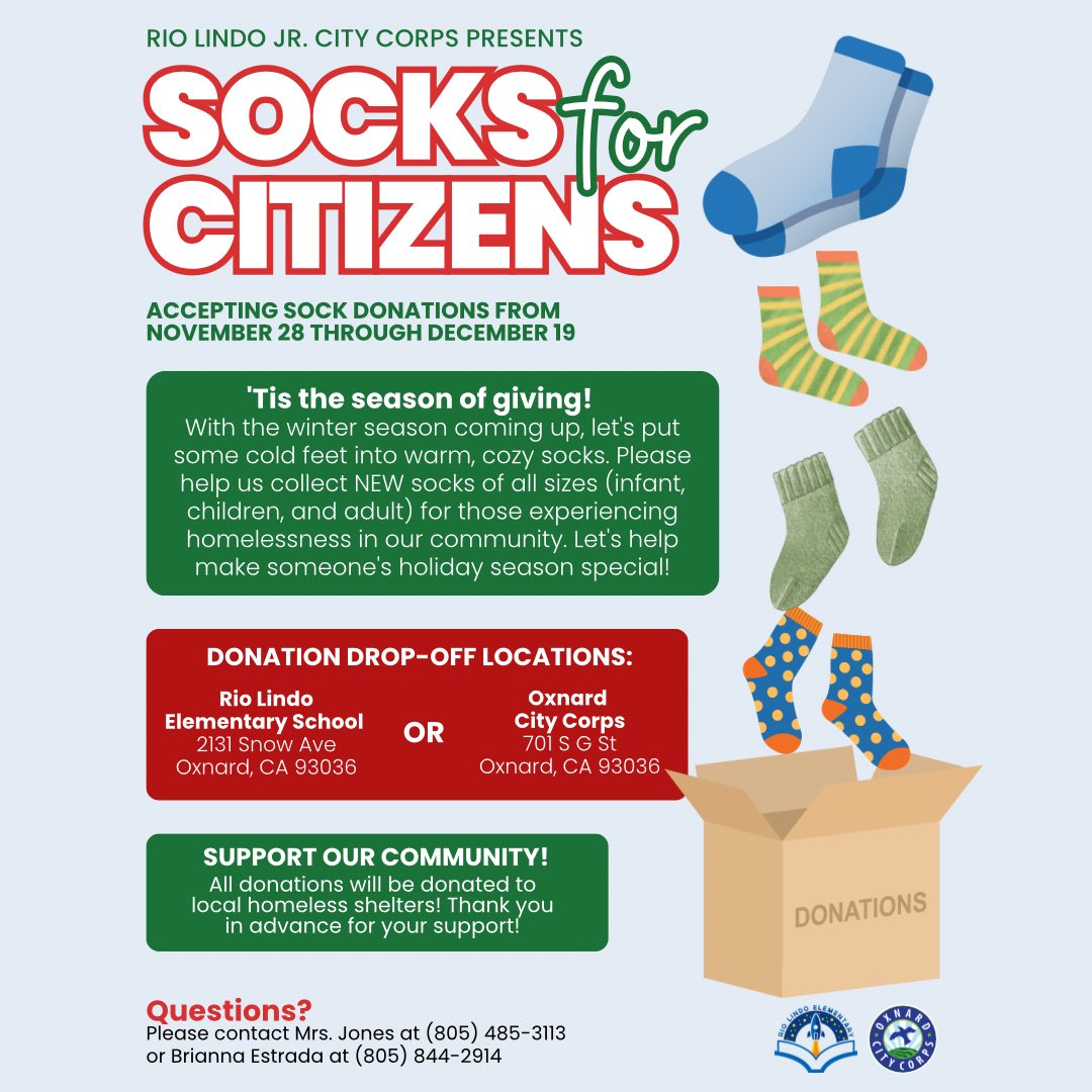 citycorps's tweet photo. Join us in supporting Rio Lindo Jr. City Corps’ Socks for Citizens and making a difference in our community. Donate new, cozy socks and spread hope this winter season. Drop off locations: Rio Lindo Elementary School, Oxnard City Corps, or Oxnard Recreation &amp; Community Services. https://t.co/VLdOTckrtZ