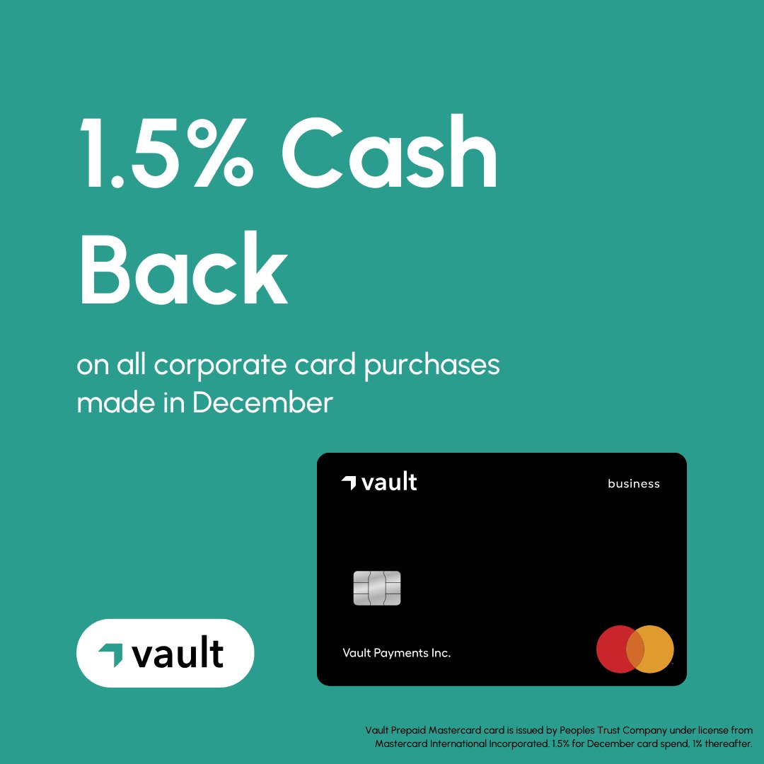 👋 Hello December, Hello Savings! 
Join Vault and get 1.5% cashback on all card purchases this month (usually 1%)!  

Over 1,500 businesses use Vault for: 
🌎Multi-Currency Accounts 
💱Best FX rates
🔄Free Local Transfers (EFT, ACH, SEPA)  

Join at tryvault.com