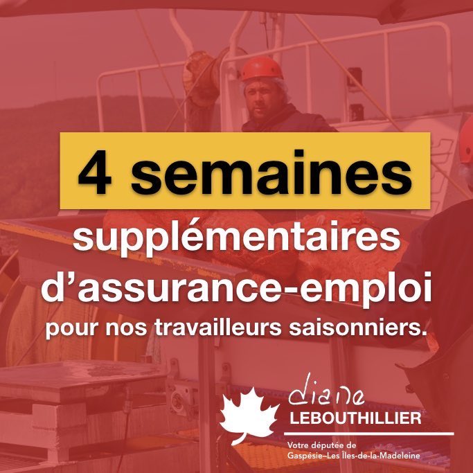 DiLebouthillier's tweet image. 𝗕𝗼𝗻𝗻𝗲 𝗻𝗼𝘂𝘃𝗲𝗹𝗹𝗲 ‼️

Dans le cadre de l&apos;#ÉÉA2023, on bonifie de 4 semaines les prestations régulières d&apos;assurance-emploi pour nos travailleurs saisonniers. 

Le tout s&apos;ajoute aux 5 semaines déjà en place, pour un grand total allant jusqu&apos;à 9 semaines supplémentaires!