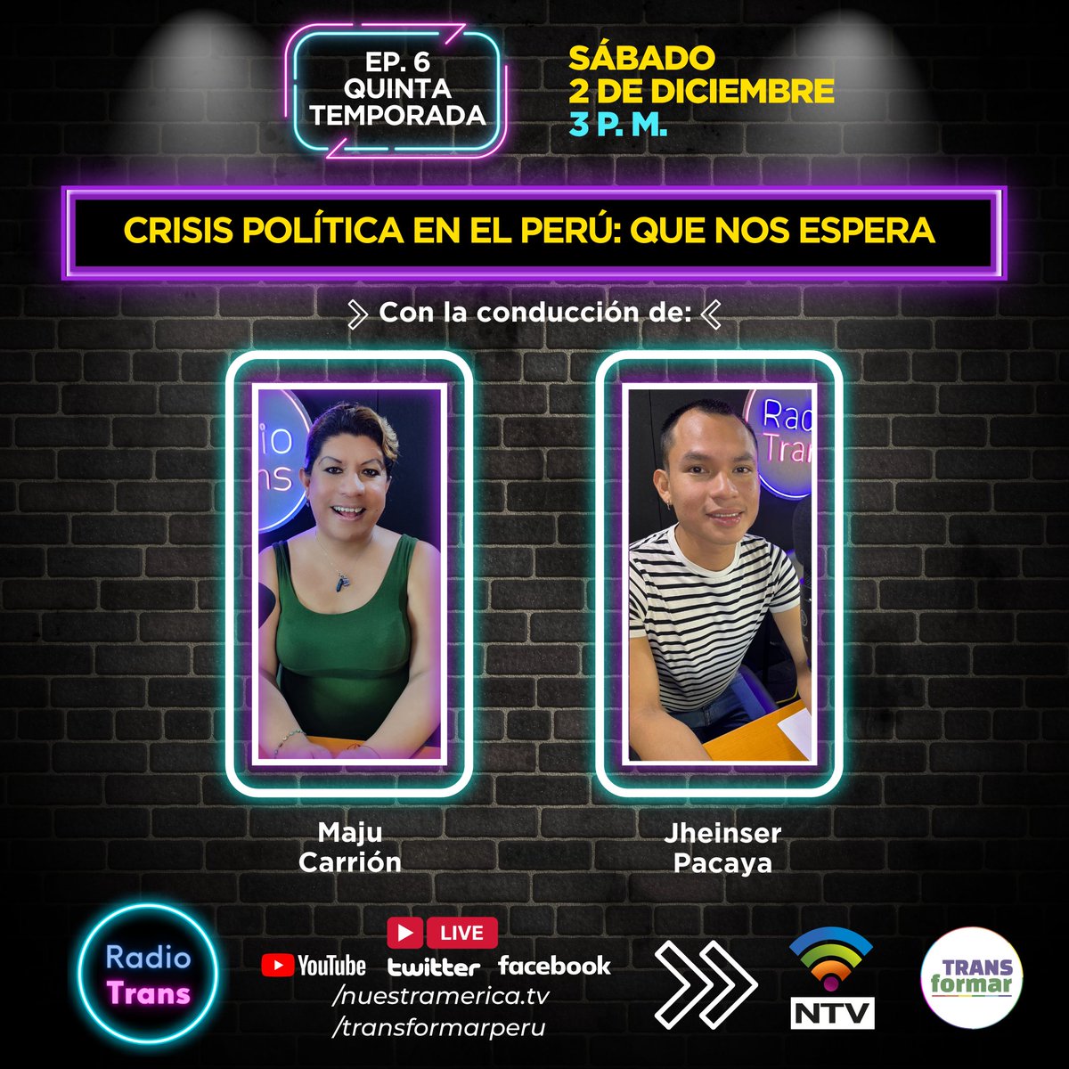 NTVinfo's tweet photo. 📣🌈Conéctate a un nuevo episodio de #RadioTrans para conversar sobre los últimos sucesos que agudizan la crisis política en Perú. Nos acompañará el periodista y analista @cbedoyam ¡No te lo pierdas!
🗓️ Sábado 2 de diciembre.
🕙 3:00 P. M.
🔴 EN VIVO por las redes de #NTV https://t.co/tIJ2qkIGGK