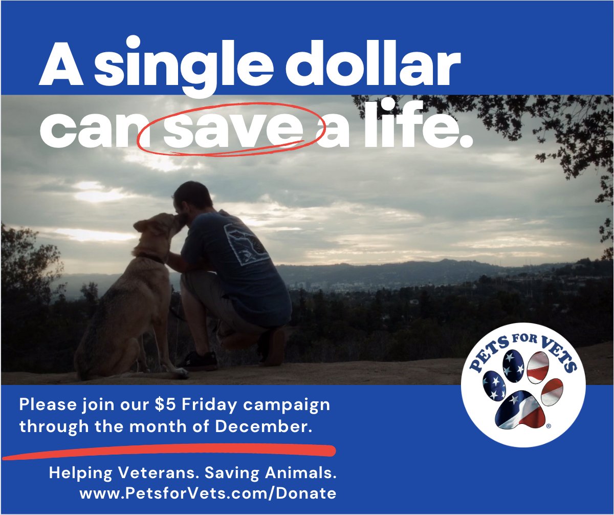 The month of December, we will be hosting a $5 Friday campaign to raise funds for our mission of rescuing and training animals for Veterans. I'm asking everyone of our followers to give only $5 this holiday season of giving. PetsforVets.com/donate
