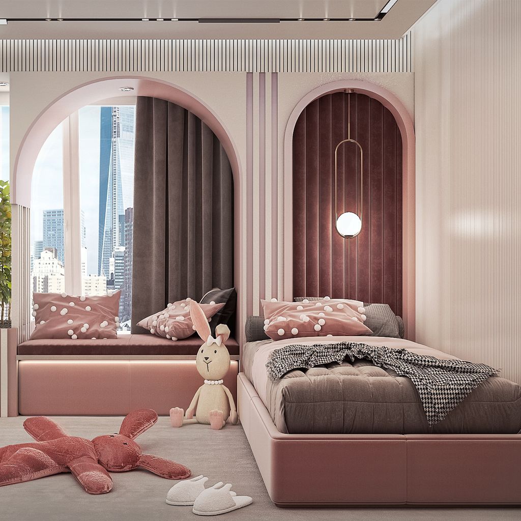 HomiloCompany's tweet image. ✨ Elegantly Playful: A Luxe Scandinavian Kids' Haven 
Luxury meets Scandinavian simplicity in this child's room, where whimsical curves and arches render a dreamy escape adorned with soft gradients of pink.
For More Designs(buff.ly/47CcIuX)