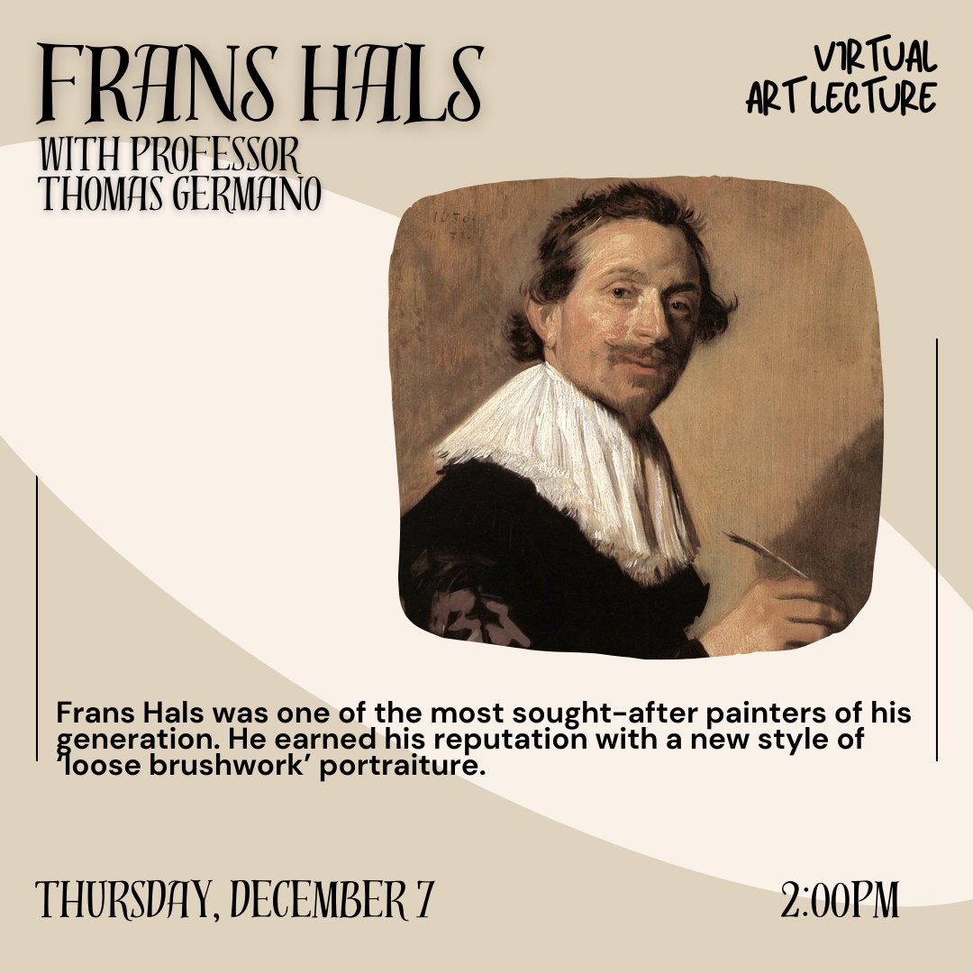 Jericho_library's tweet image. The National Gallery and The Rijks Museum will host an exhibition of Hals; London, Fall 2023, and Amsterdam, Spring 2024. Professor Germano will present a visual presentation related to the life, the work and the exhibitions.
Register on our website!
#JerichoLibrary #ArtLecture