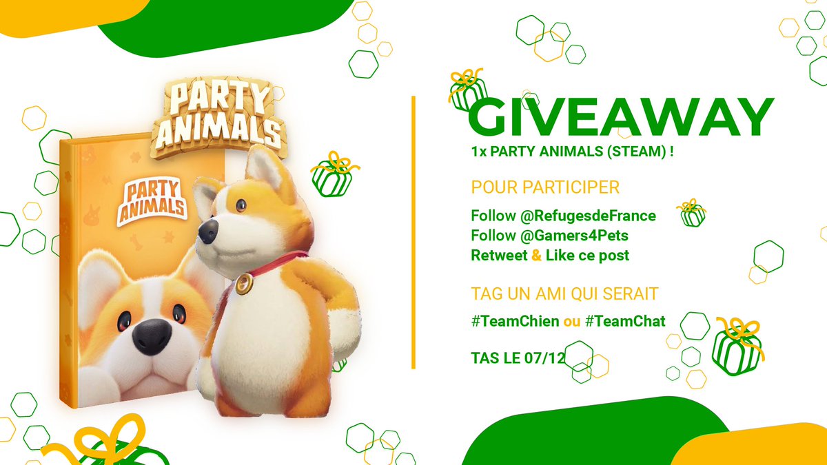 GIVEAWAY PARTY ANIMALS (STEAM) !✨

Pour participer d’ici le TAS le 07/12, vous devez :

➡️Suivre <a href="/RefugesdeFrance/">Défense de l'Animal</a> et <a href="/Gamers4Pets/">Gamers 4 Pets</a> ! 🐾
➡️RT 🔥 &amp; Like ❤️ ce post !
➡️TAG un ami de la TeamChien 🐶 ou TeamChat 🐱!