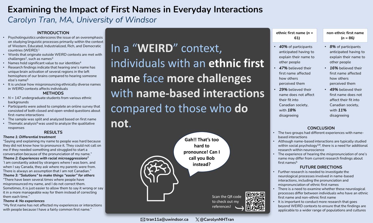 CarolynNHTran's tweet photo. I am excited to present a poster of my research findings on the impact of first names in everyday interactions at the Words in the World International Conference (WOW2023)! https://t.co/z0daxCTci6
