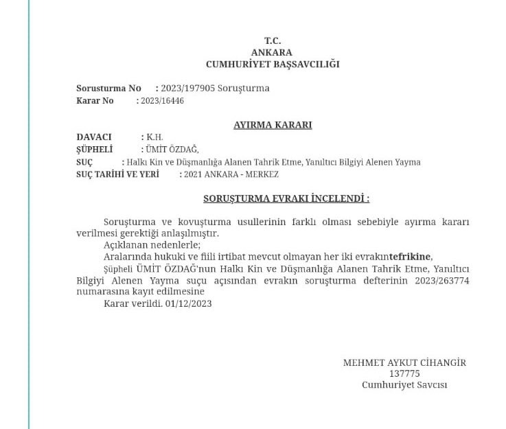 🔴SON DAKİKA 
▪️Ankara Cumhuriyet Başsavcılığı, Ümit Özdağ hakkında "Halkı kin ve düşmanlığa tahrik etme" suçundan soruşturma başlattı.