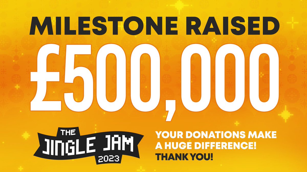 jinglejam's tweet photo. We're beyond excited to announce that in just 2 hours, we've raised £500,000 for our twelve #JingleJam2023 charities! This is absolutely incredible—thank you so much!

Support the Jingle Jam, grab your 2023 Games Collection, and donate now! https://t.co/Xcu2r46MPX https://t.co/ZsUTuJQaNM