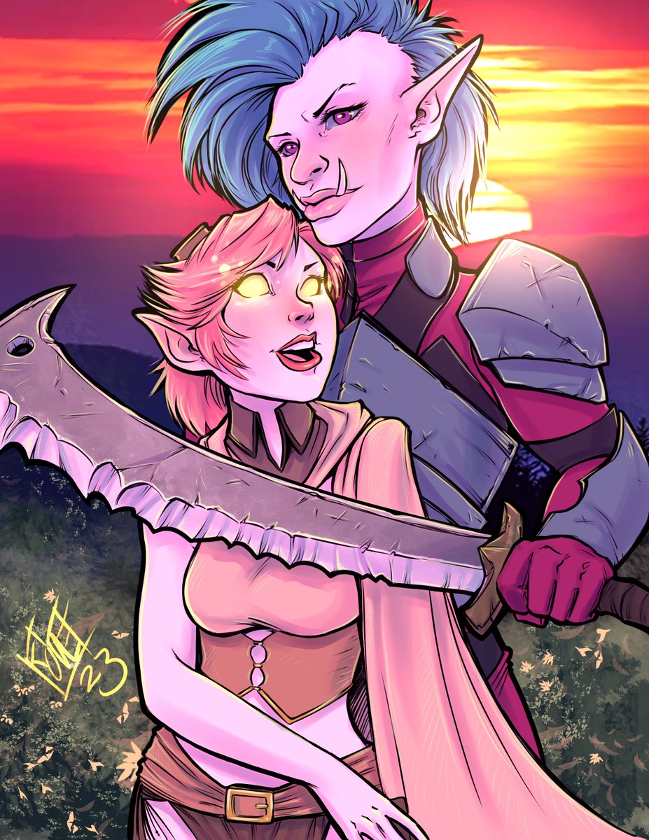 Nissa and Frigga, two #dnd #oc badass lesbians, were done by Comfort for our amazing friends <a href="/sarahscopic/">Sarah Scopic</a> and <a href="/Eskalia/">🏳️‍⚧️ Kali Scales 🏳️‍⚧️</a>

#commissions #artcommission #art #pixy #orc #dndoc #fey #dndart #fantasyart #loveislove #lesbian #love