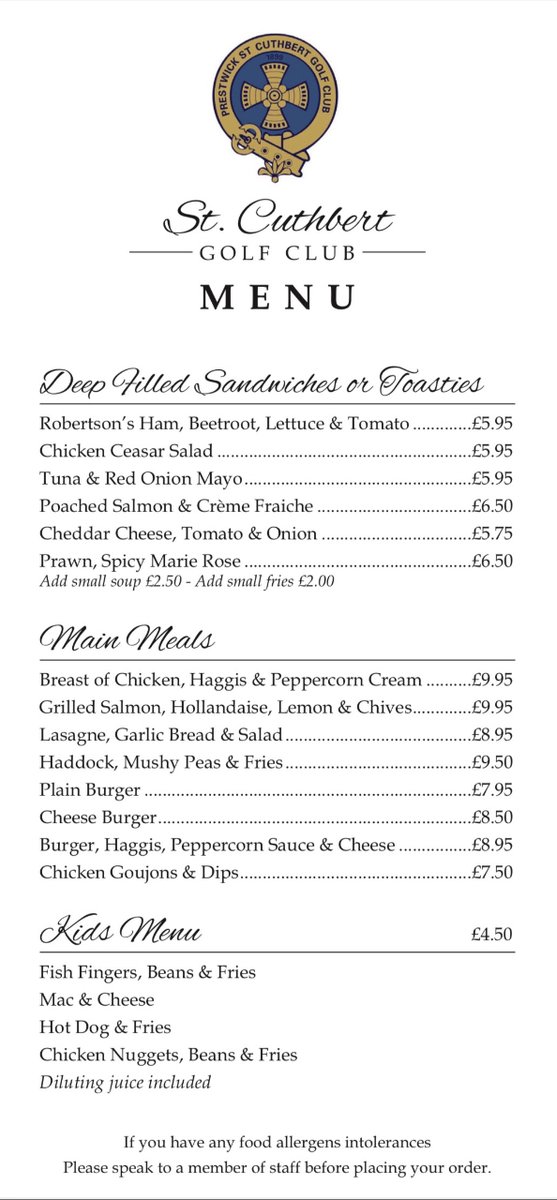 📢 Exciting new menus at PSC Clubhouse! 🎉 We've crafted a selection of delicious dishes sure to please everyone. 😋 #prestwickstcuthbert #golfclub #newmenu