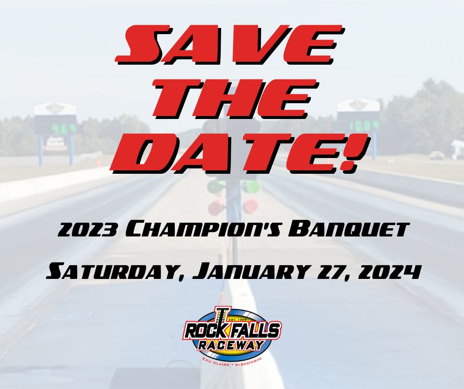 RaceRockFalls's tweet photo. ATTENTION IN THE PITS: Save the date! We will be hosting the 2023 Champion's Banquet on Saturday, January 27. More details will be announced as soon as they are available. Be sure to check back on social media and on our website for further announcements. https://t.co/YFLK7yYtvA