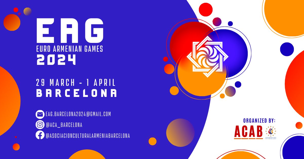 The 24th Euro Armenian Games (EAG) are coming to Barcelona from March 29 to April 1, 2024!
Registration opens from Dec 1, 2023 to Feb 29, 2024. Contact eag.barcelona24@gmail.com for more details. 
Don't miss this exciting event and join us! #EAGBarcelona2024 #Barcelona #Sports