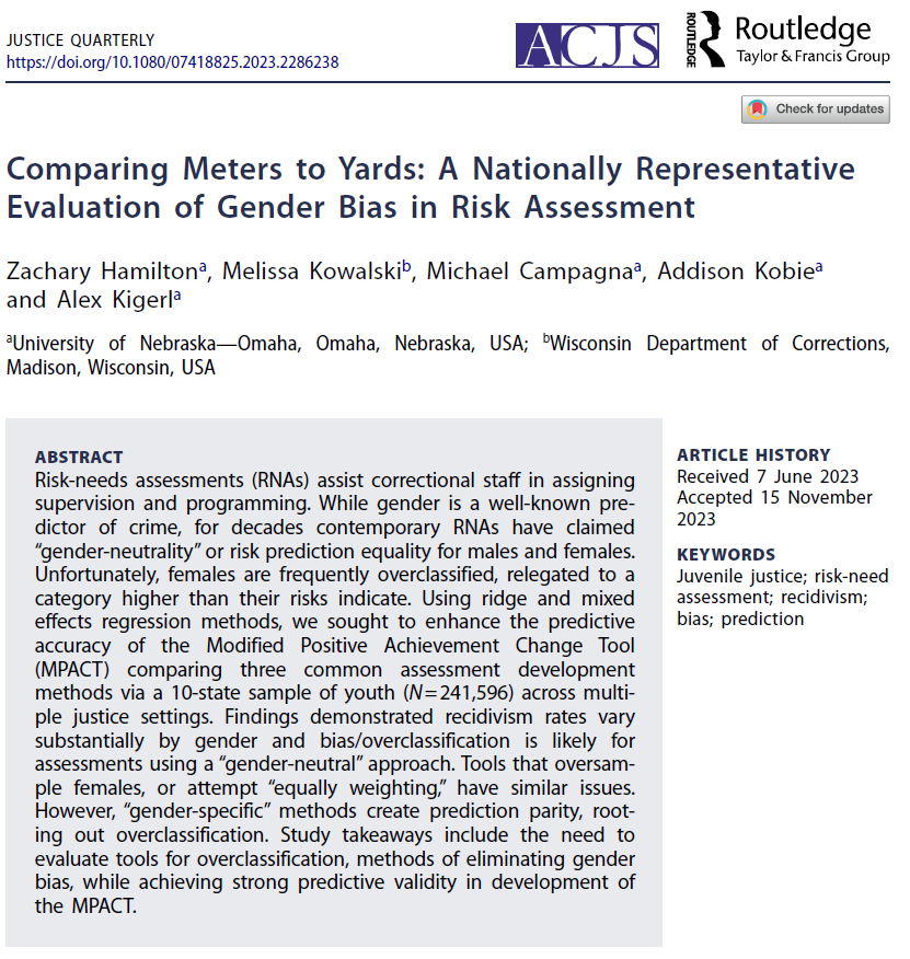 Zkhamilto's tweet photo. Proud to announce our publication in JQ today! We describe gender bias in risk assessment &amp; ways to reducing female overclassification. If an agency you work with is using a risk assessment, please let them know about our article and/or send them my way. https://t.co/39izMk7Xbk