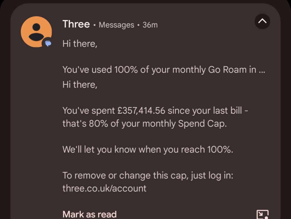 TomSeldon1's tweet photo. Hi @ThreeUKSupport, although I'm very, very grateful you're going to let me know when I reach 100% of my spend cap, I have to say... I'm slightly worried about the current amount I have supposedly spent... 💀 https://t.co/Rk6HG8YO5i