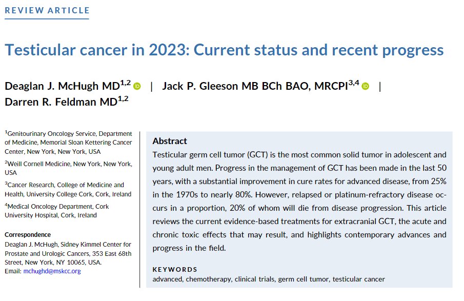 This article reviews contemporary evidence-based treatments for extracranial testicular germ cell tumor, the acute and chronic toxic effects that may result, and highlights recent advances and progress in the field. acsjournals.onlinelibrary.wiley.com/doi/full/10.33… @DrDarrenFeldman @jgleesonirl
