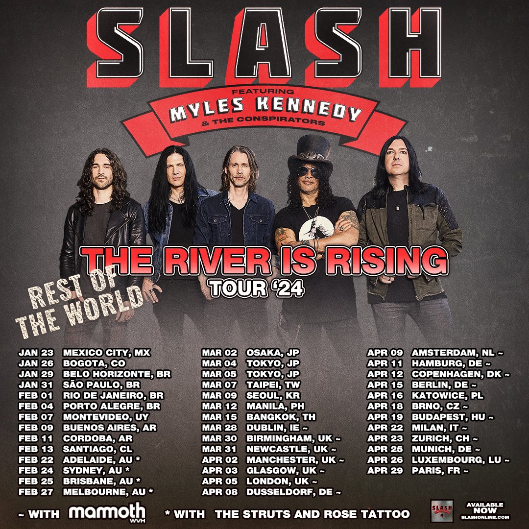 The River is Rising Rest of the World Tour is starting in Jan 2024! Grab your tix now. Link in bio. #slashnews #slash #myleskennedy #riverisrising #toddkerns #franksidoris #brentfitz #conspirators