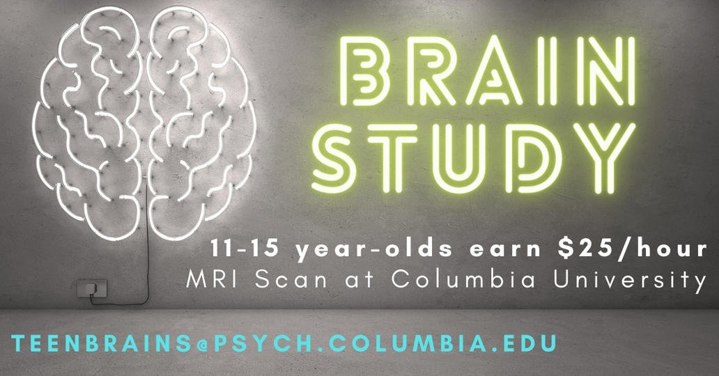 We are running a MRI study at Columbia, and looking for 11 and 13-year old participants! Participants earn $75 + bonus and get a picture of their brain! Parent permission is required. Help us learn about the developing brain! Please RT! Sign up here: cumc.co1.qualtrics.com/jfe/form/SV_4H…