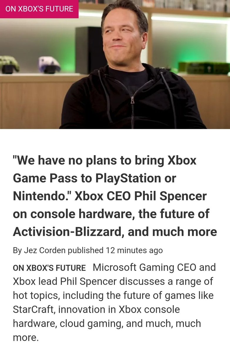 We have no plans to bring Xbox Game Pass to PlayStation or Nintendo. Xbox  CEO Phil Spencer on console hardware, the future of Activision-Blizzard,  and much more