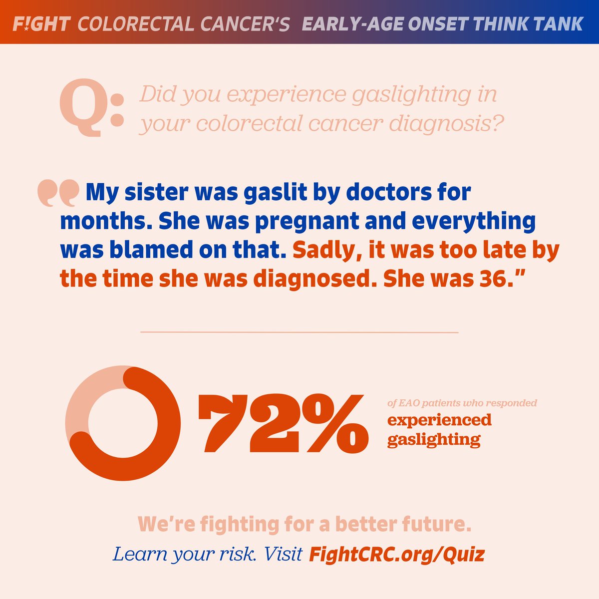 FightCRC's tweet photo. Gaslighting in #ColorectalCancer is a harsh reality for many early-onset patients. When symptoms are dismissed or ignored, it can cause a delay in treatment. Every voice matters! Share your story: https://t.co/aCJo7FMCSq #PathtoaCure https://t.co/5BSf1z1HMq