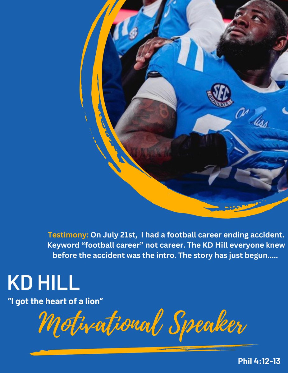 Grindkd_55's tweet image. My name is KD Hill for some of those that don’t know me. I recently played at Ole Miss and had a football career ending accident in July. Key word “football career” my career has just begun…Through all of the adversity I have faced, I found my destiny. I am now a Motivational