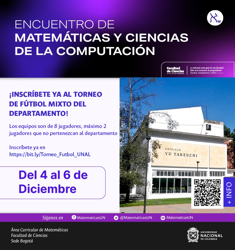 CienciasUNALBog's tweet image. 👨‍🏫 #comunidadcienciasunal , #egresadosunal y #AdministrativosUNAL invitados a participar e inscribirse a las actividades programadas en el Encuentro de Matemáticas y Ciencias de la Computación del 4 al 6 de diciembre 📚🖥️🧍‍♀️Toda la información en:  👉 acortar.link/RXB9dM