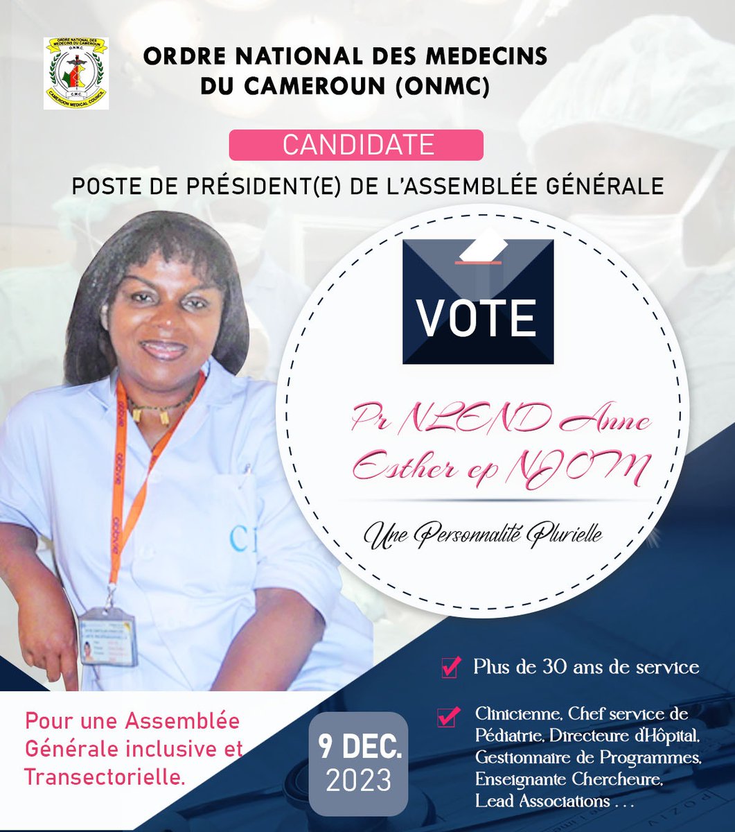 Pourquoi pas une femme? 
Présidente de l'Assemblée générale de l"ONMC ...RDV le 9 Décembre.
Votez et appeler à Voter <a href="/AnneNjom/">ANNE NJOM NLEND</a>
<a href="/stevemoukam/">Dr Steve Moukam 🇨🇲🇨🇵🇨🇭</a> 
<a href="/nicolembarga/">Nicole Fouda Mbarga 🇨🇲</a> 
<a href="/adelnyeki/">Dr. Adèle-Rose NYEKI-BELL</a> 
<a href="/mbeng_boum/">Joseph Mbeng Boum</a>
<a href="/YapBoum2/">Yap Boum</a>
