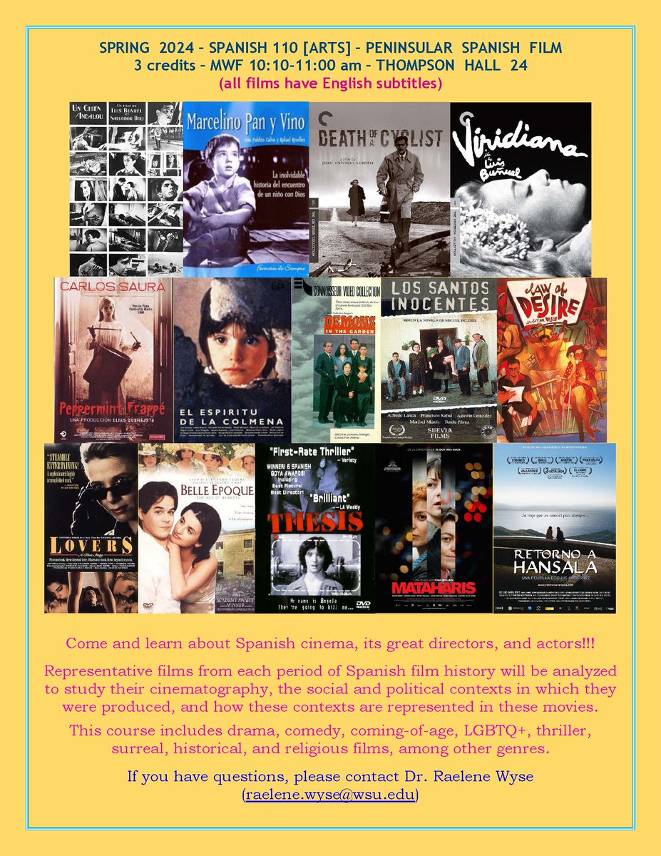 Please spread the word about this interesting class on Spanish film! Spanish 110[ARTS] is offered this Spring by Dr. Raelene Wyse. #WSUPullman #GoCougs