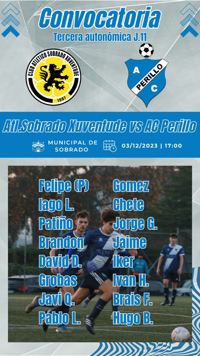 atleticoperillo's tweet photo. Convocatoria dos nosos para o partido do domingo! Xogaremos contra o Atlético Sobrado.
#ForzaPerillo #SobradoPerillo https://t.co/fggfiSSB60