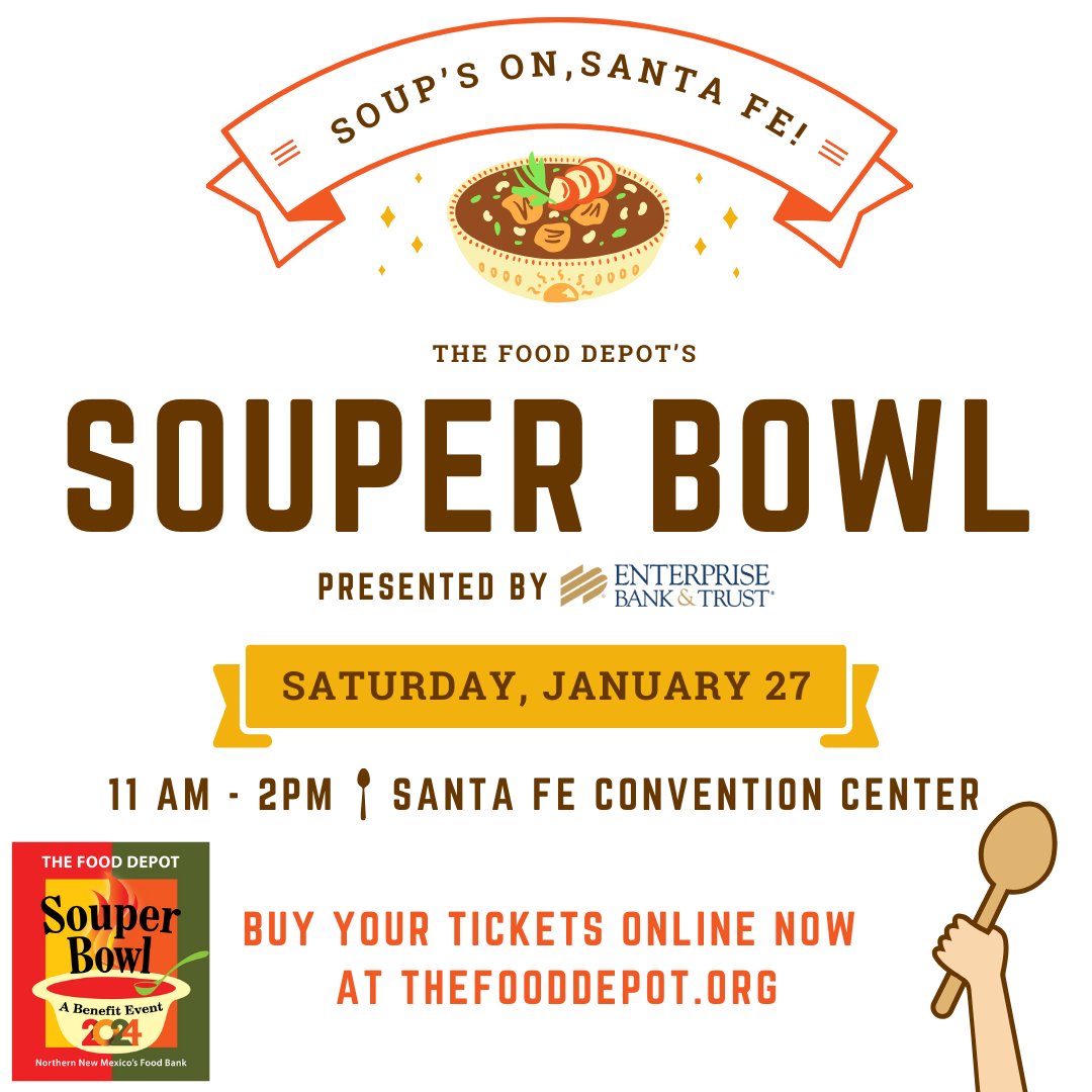 TheFoodDepot's tweet photo. Tickets are now on sale for our 28th annual Souper Bowl! Join us for this exciting, family-friendly event where you will decide which amazing chef will earn your vote for  best soup in Santa Fe! Learn more and buy tickets at https://t.co/z6pE7ZNo6G.🥳🥘 https://t.co/lyllJEwYtJ