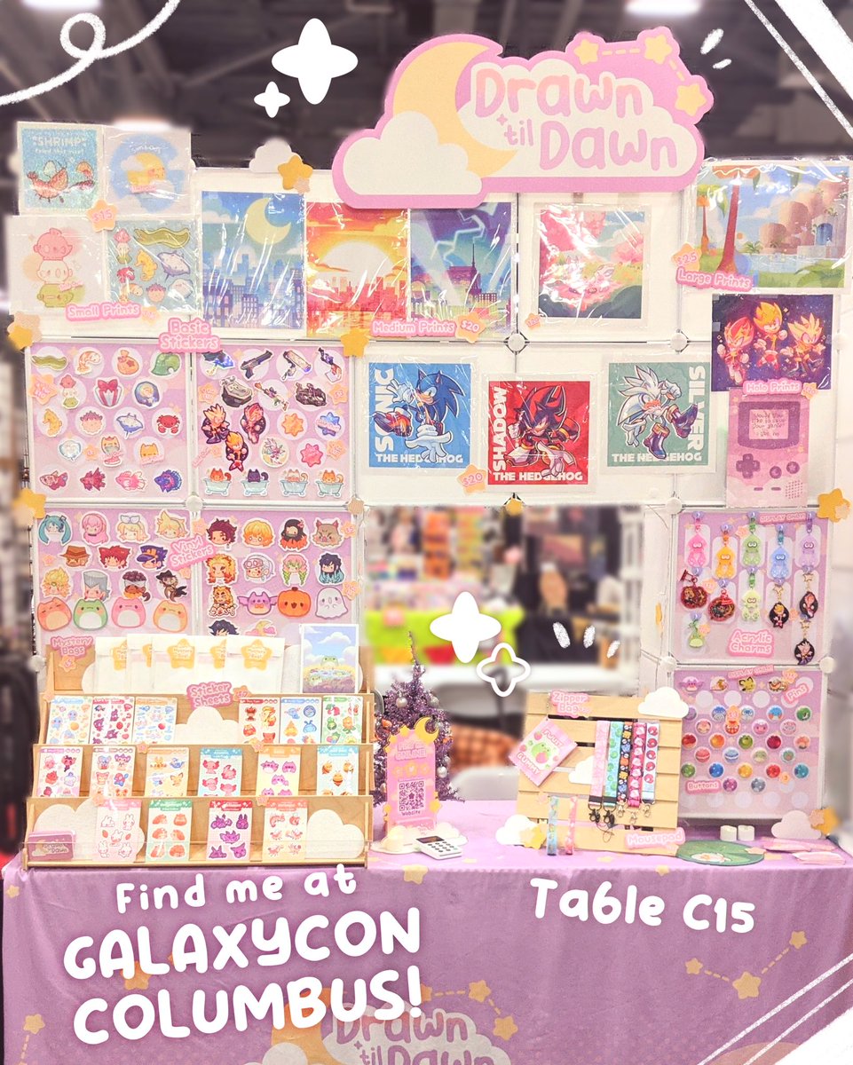 My Galaxycon Columbus artist alley table ✨ I’m at table C15, near the big VIP lounge sign in the back! 

I got a round of shrimp pin restocks (gold edition✨) but also running low on other things from Cyber Week 😭