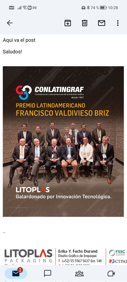 CONLATINGRAF's tweet photo. Reconocemos a Litoplas por su destacada innovación tecnológica, reflejada en productos y estrategias de marketing. Su compromiso con buenas prácticas inspira a la industria de las artes gráficas en Latinoamérica. https://t.co/59Nf8J2Gex