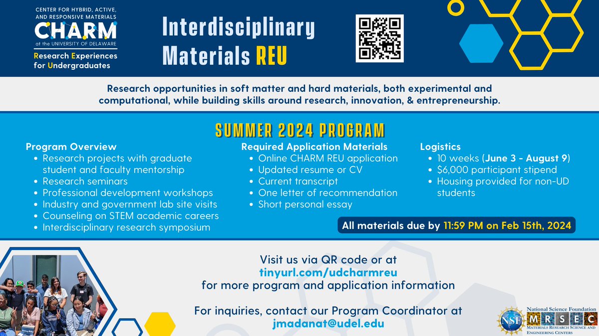 🌟Attention STEM Undergrads🌟 The application for CHARM's 2024 REU program is now open!

Winter chill got you down? Warm up by considering a summer of innovative materials science research with us at the <a href="/UDelaware/">Univ. of Delaware</a>. Visit tinyurl.com/udcharmreu to learn how!