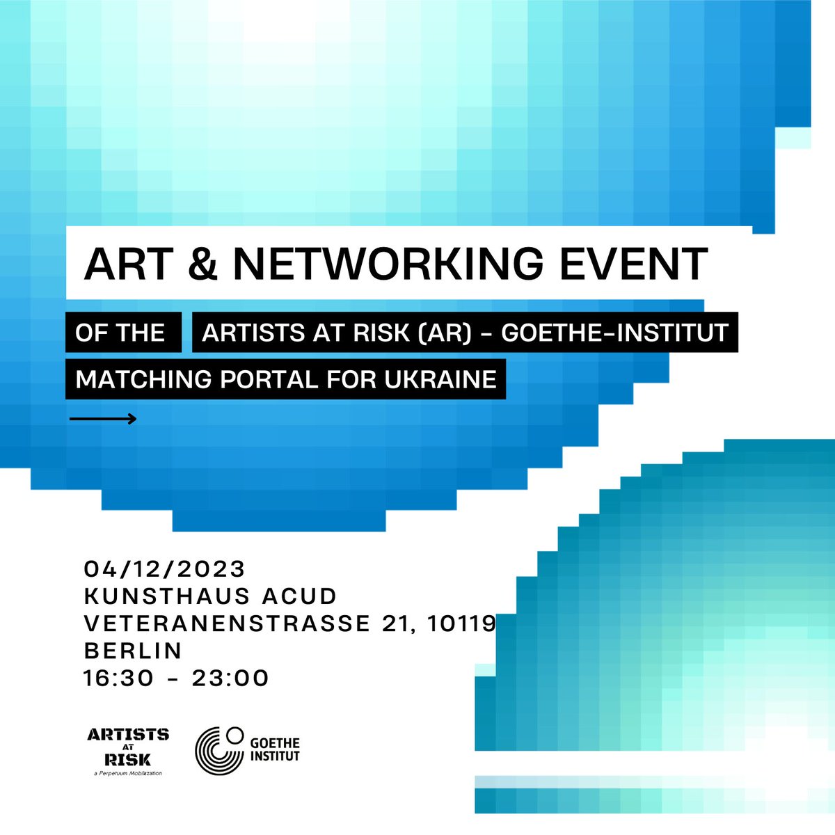 ArtistsatRisk's tweet photo. Join us on 4 Dec at Kunsthaus ACUD in #Berlin for an evening with cultural professionals from #Ukraine and cultural institutions from #Germany, celebrating the success of the Artists at Risk (AR) - @goetheinstitut Matching Portal for Ukraine. 

#art #artist #SupportUkraine https://t.co/znSBY7FRg8