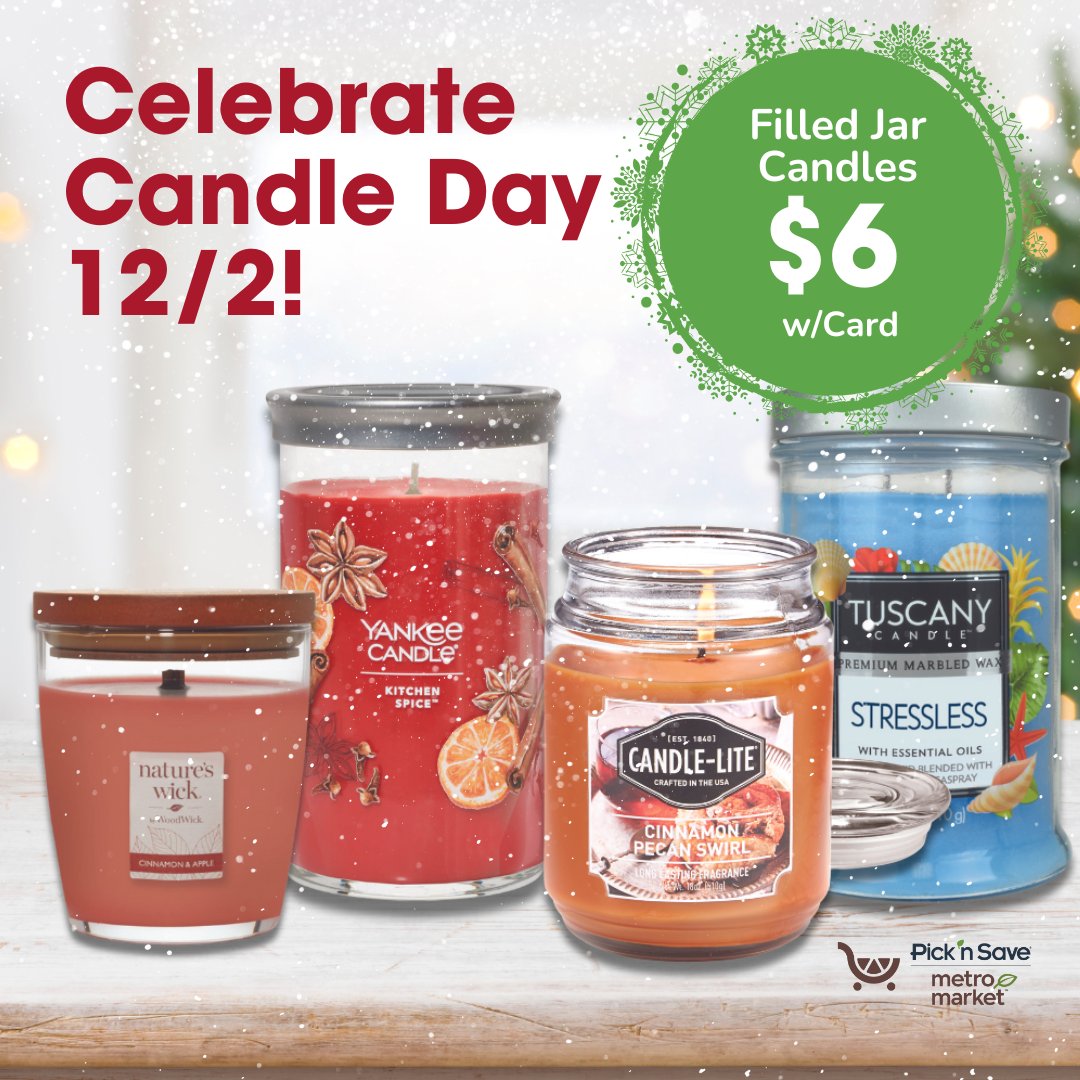 Stock up on the smells of the season for #CandleDay 12/2!  

Give yourself or someone you love the gift of delicious #SeasonalScents just $6 when you use your #FreshPerks card (Reg Price $19.99 or less)!

Hurry in and stock up on your favorite scents before they flicker away!