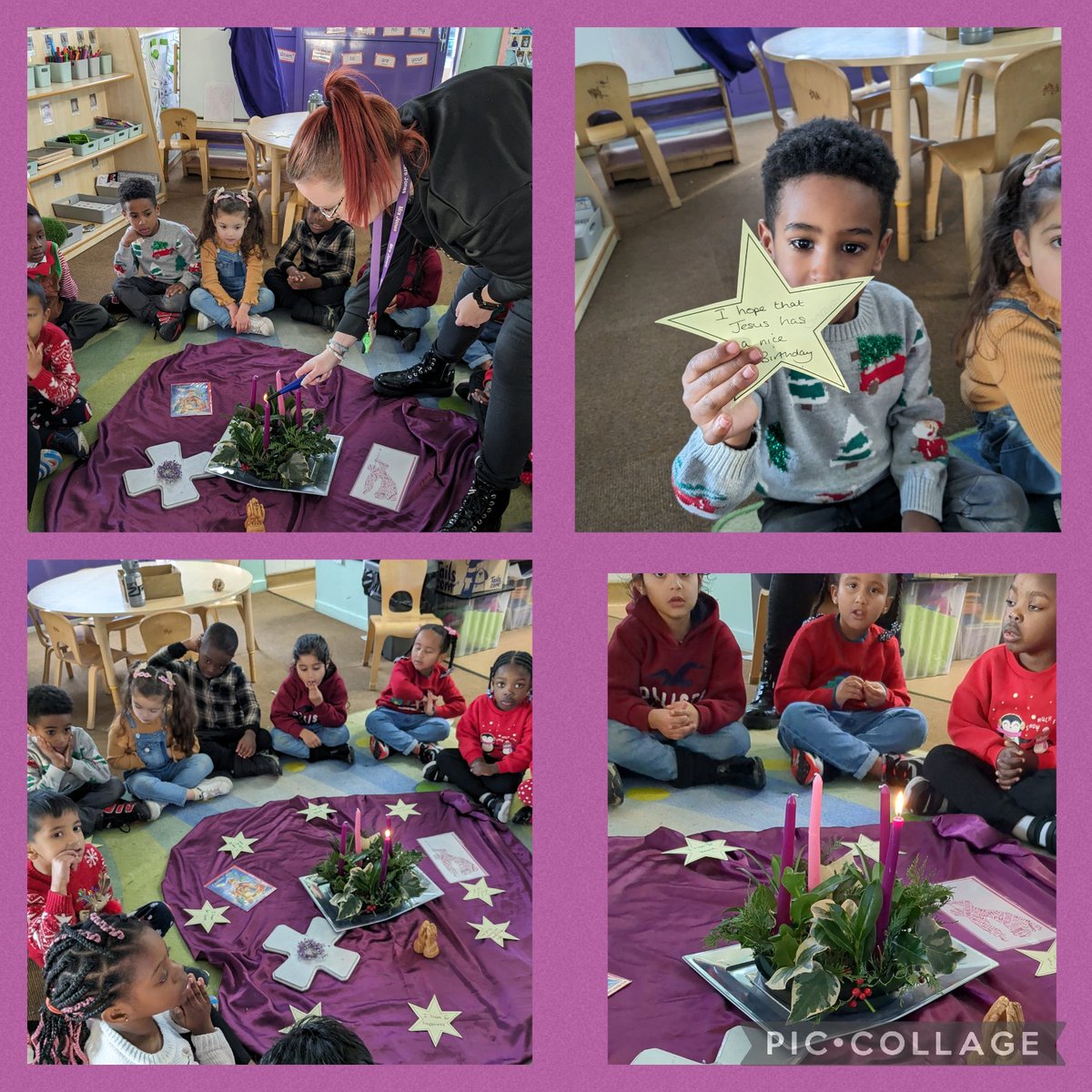 StMaryStBen's tweet photo. Reception class created their own Advent Wreath today and used it during our Holy Time. We lit the first candle and created hope stars #Advent #Wreath #HolyTime #Hope #WalkwithJesus #PlayingIsLearning https://t.co/pTGT9kNGQT