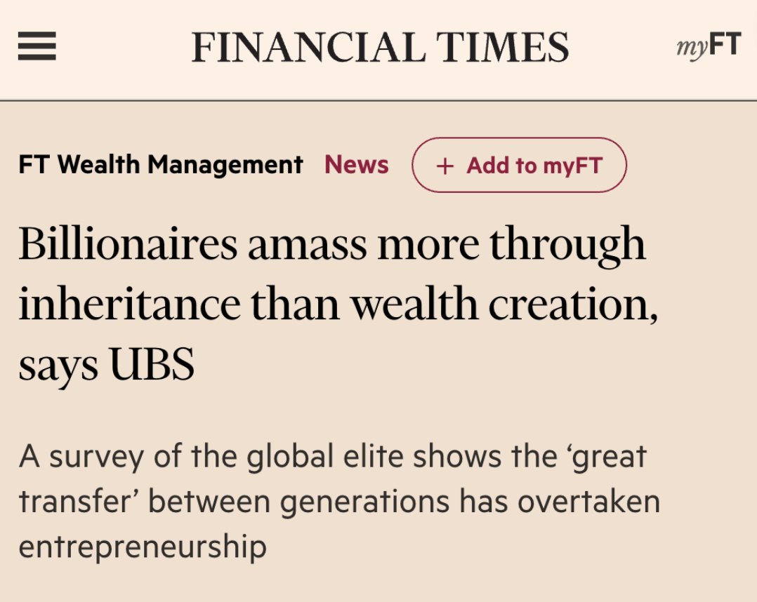 Robert Reich (@rbreich) on Twitter photo New billionaires acquired more wealth through inheritance than entrepreneurship in the last year, according to a new report from UBS.
Yet another reminder that the myth of the "self-made" billionaire is just that, a myth. New billionaires acquired more wealth through inheritance than entrepreneurship in the last year, according to a new report from UBS.
Yet another reminder that the myth of the "self-made" billionaire is just that, a myth.