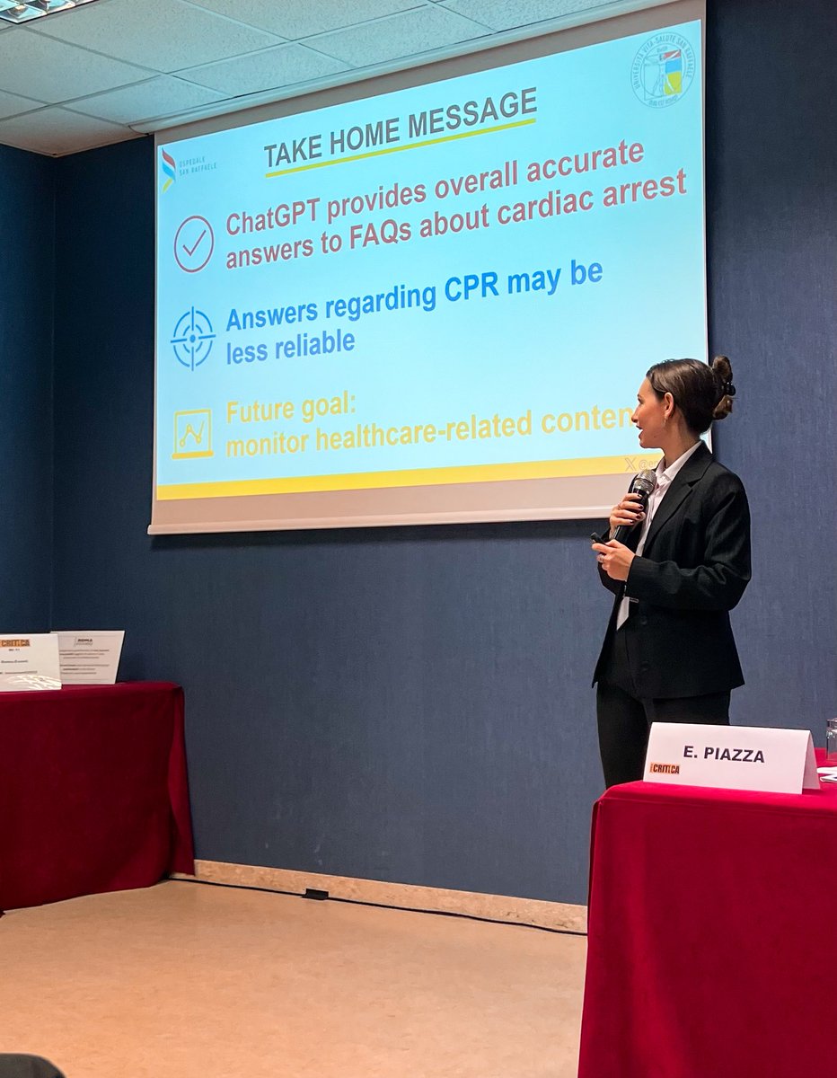 enricapiazza_'s tweet photo. #AREACRITICA2023 

Today for the first time I was a speaker at a medical congress! The topic was #chatGPT ability to answers FAQs about #cardiacarrest and #CPR. Are you curious to know the results? 👀 Stay tuned to read the full article! 

Thank you @giovannilandoni @tscquizzato https://t.co/U7Y8IJxxAC