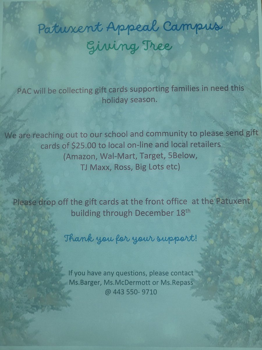 PAC is collecting gift cards for our Giving Tree Progam. We are asking for donations of $25.00 to  local or on-line retailers. We are collecting till December 18th 🤶🎄🎅🌲🧑‍🎄🎁❄️