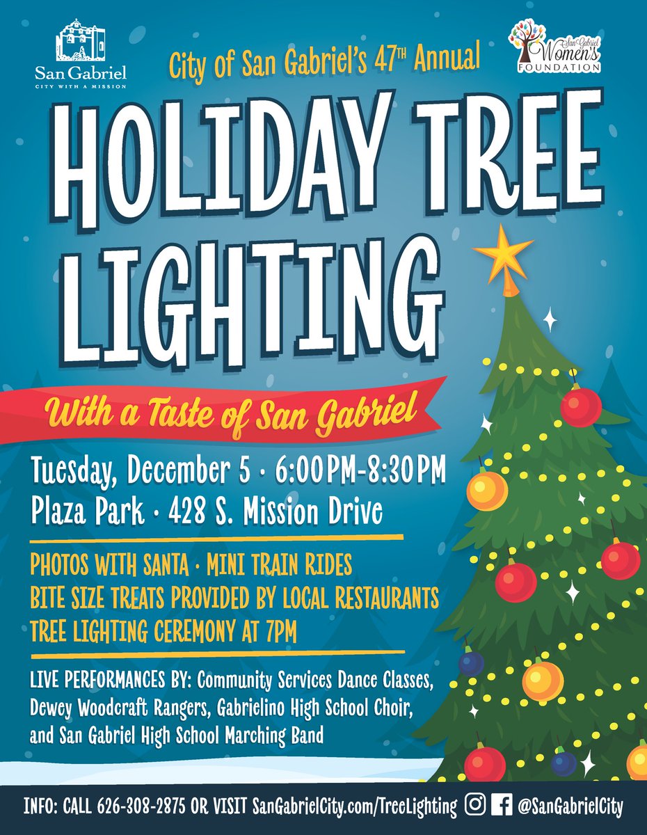 🎄🎸🔔 Get ready to jingle all the way to our Holiday Tree Lighting celebration next Tuesday, Dec 5 from 6pm to 8:30pm at Plaza Park!🧝✨ ☃️ For more details, visit SanGabrielCity.com/TreeLighting. #HolidayTreeLighting