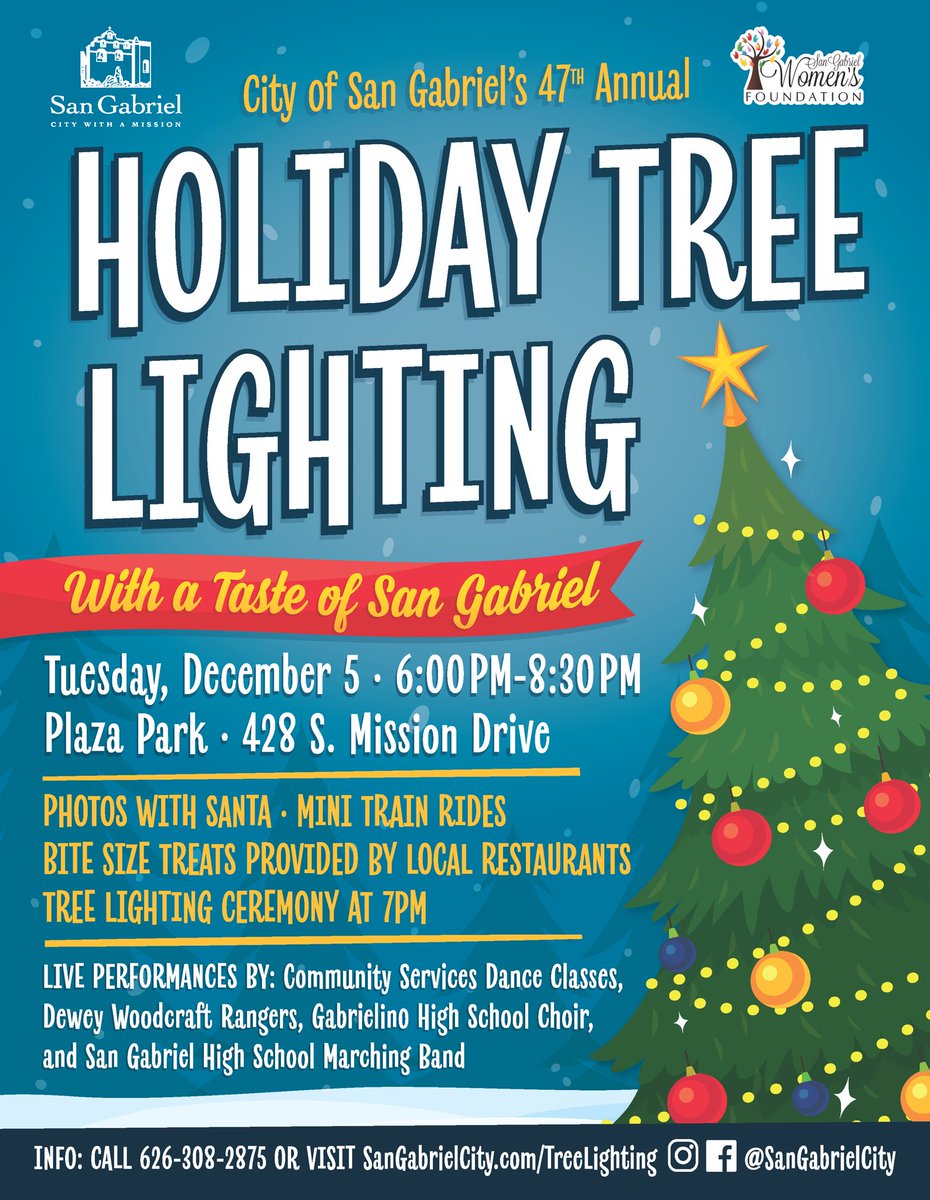 🎄🎸🔔 Get ready to jingle all the way to our Holiday Tree Lighting celebration next Tuesday, Dec 5 from 6pm to 8:30pm at Plaza Park!🧝✨

☃️ For more details, visit SanGabrielCity.com/TreeLighting.
#HolidayTreeLighting