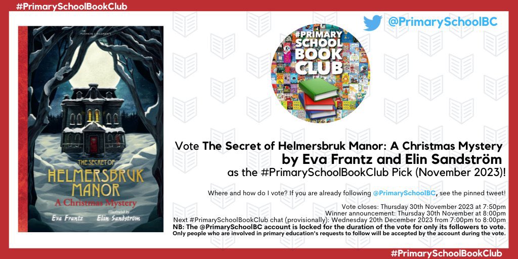 This is so cool! ❄️The Secret of Helmersbruk Manor has been included in the #PrimarySchoolBookClub November 2023 vote this evening. Head to @PrimarySchoolBC and vote for it using the pinned tweet! @PushkinPress