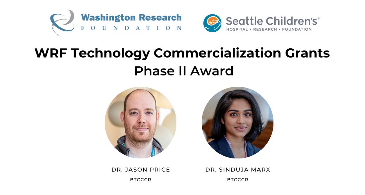 Congrats to Drs. Jason Price & Sinduja Marx, investigators at BTCCCR, on being awarded a Phase 2 $250k @WRFseattle Technology Commercialization Grant for their project, “TSLPR-Targeted Gene Therapy for Treatment of EoE & Asthma: Phase II cross-species reactive binder discovery.”