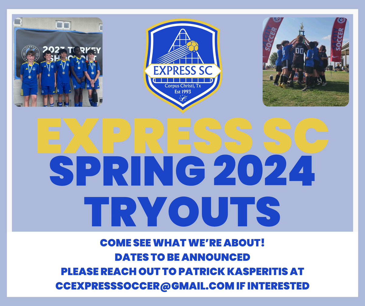 We will be holding tryouts for Spring 2024 season for select teams within our competitive program. For more information and to secure a spot to attend a tryout session, please email Coach Patrick at ccexpresssoccer@gmail.com

#express #cbysa #stysa #soccer