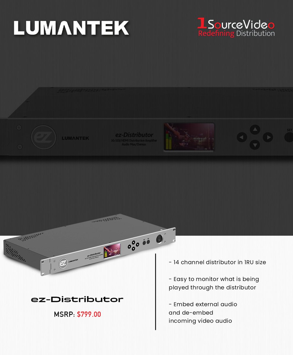1sourcevideo's tweet photo. The 1 RU ez-Distributor from @Lumantek allows you to embed external audio and de-embed incoming video audio!

#Lumantek #1SourceVideo #ezDistributor #amplifier #HDMI #3GSDI #audio #embed #deembed #videoresolution #filmmaking #videoproduction #distribution #RedefiningDistribution https://t.co/On6lHkn55p
