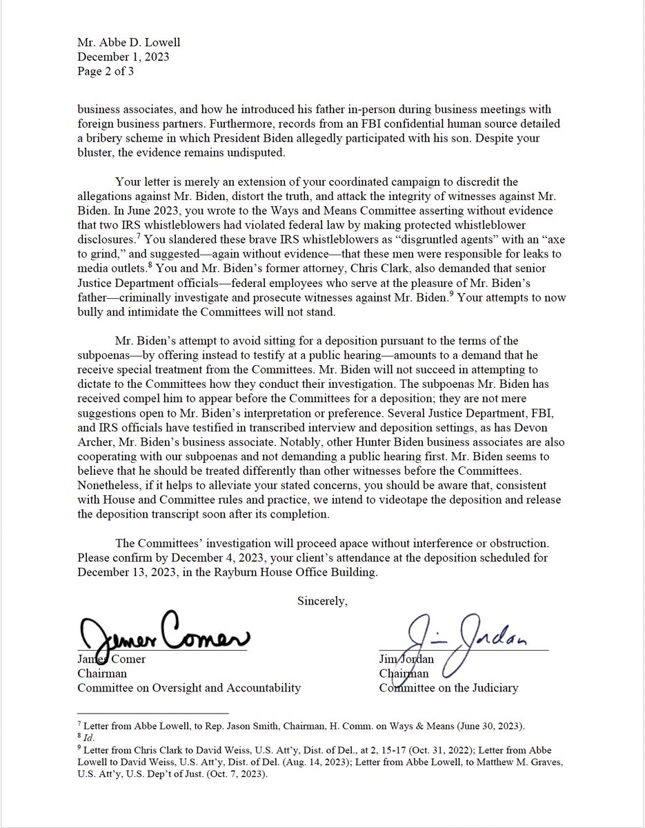 GOPoversight's tweet photo. 🚨No Special Treatment for Hunter Biden🚨

Hunter Biden must comply with our subpoena and appear for a deposition. He will not receive special treatment or dictate how Congress conducts investigations.

After Hunter Biden sits down for a deposition, we will hold a public hearing at a later date.

Democrats should have no concerns with this process as this is how they conducted their impeachment inquiry of former President Trump and the January 6th Committee.

Read @RepJamesComer and @Jim_Jordan’s full letter to Abbe Lowell 👇