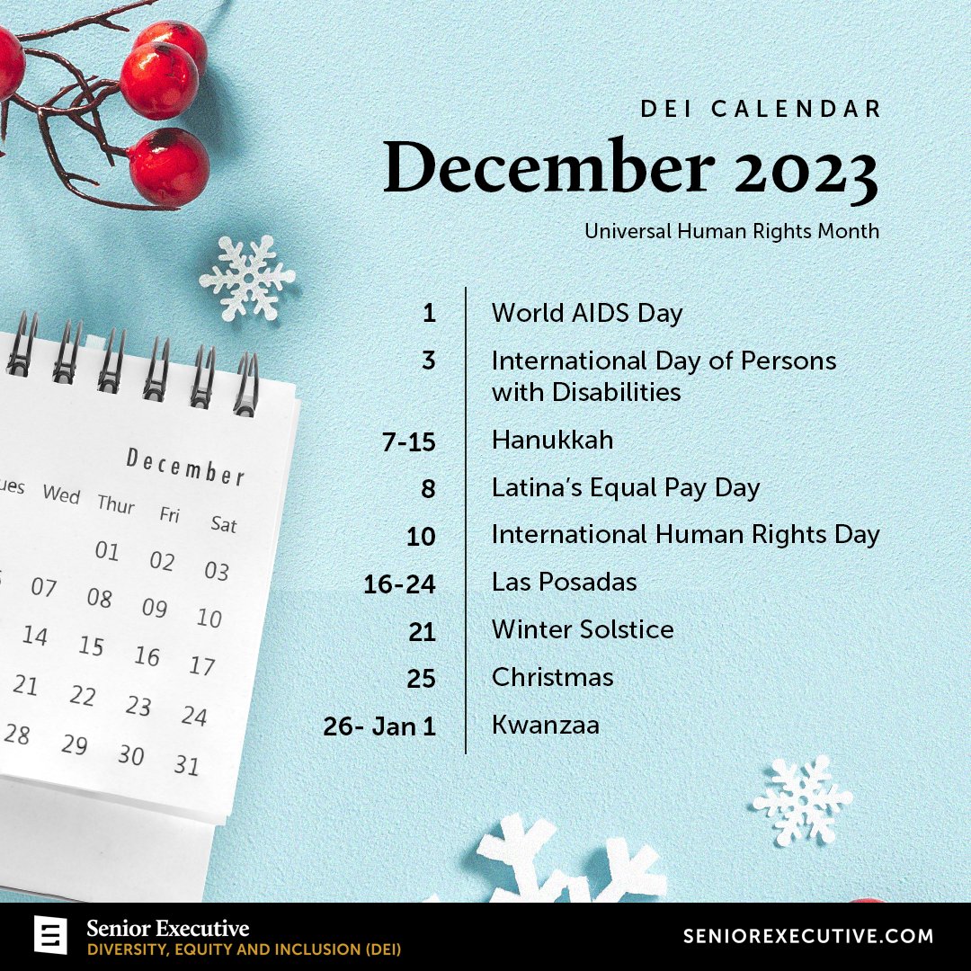 Do you have these #DEI #holidays marked in your calendar for December? Send us a DM for the link to our downloadable PDF 2024 Calendar to stay up to date on all diversity, equity, and inclusion holidays! 📅 seniorexecutive.com/diversity-equi…