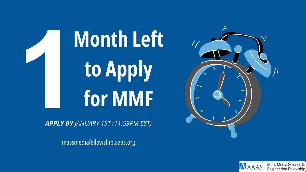 AAASMassMedia's tweet photo. You only have one month left to apply to be a 2024 #MassMediaFellow! Work in #SciComm practicing your skills and working as a reporter for a major news outlet!

Applications Due: January 1st, learn more at https://t.co/Sj4uxtuSRw. https://t.co/XtL9WoJ5wM
