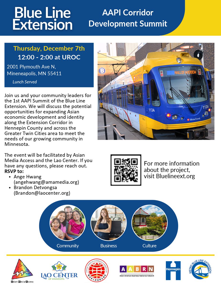 amamedia_mn's tweet photo. You are invited to join Area Asian Chambers, Asian Media Access, Hennepin County, Lao Assistance Center, and Metropolitan Council for a Brainstorming Session for potential #Asian American Cultural Corridor along the #BlueLine at #UROC on Dec. 7 from 12 pm to 2 pm. See you there! https://t.co/B3735WyPRz