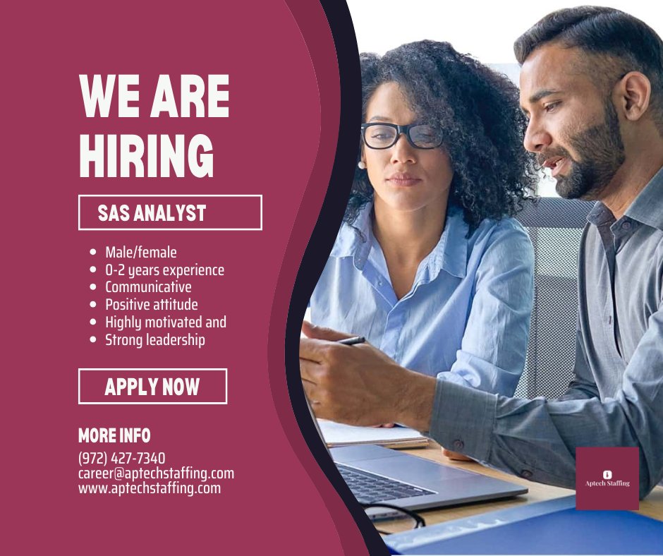 aptechstaffing's tweet image. We Are Hiring SAS Analyst.

Apply now: aptechstaffing.com/submit-resume/

Contact us more info:
(972) 427-7340
career@aptechstaffing.com
aptechstaffing.com

#hiring #sasprogrammer #dataanalysis #jobopportunity #aptechstaffing